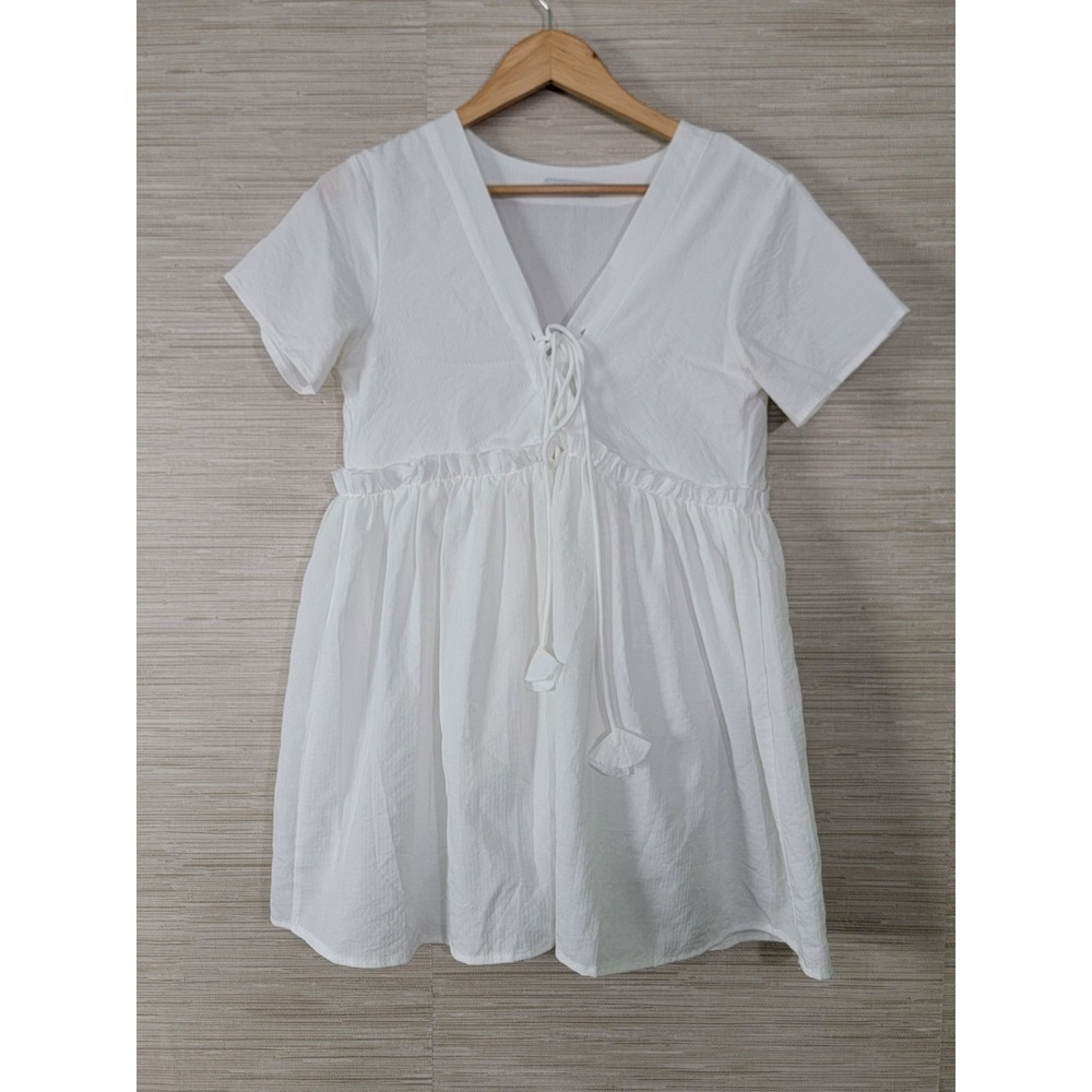 Hazel Peplum Top Womens Small White Tie Front Short Sleeve Ruffle Waist V-Neck‎